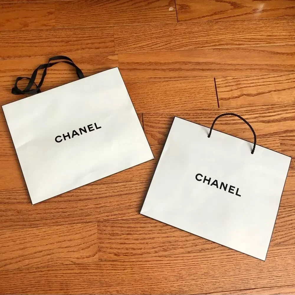Chanel Authentic Bundle of Two White Paper Shopping Bags with Black Handles